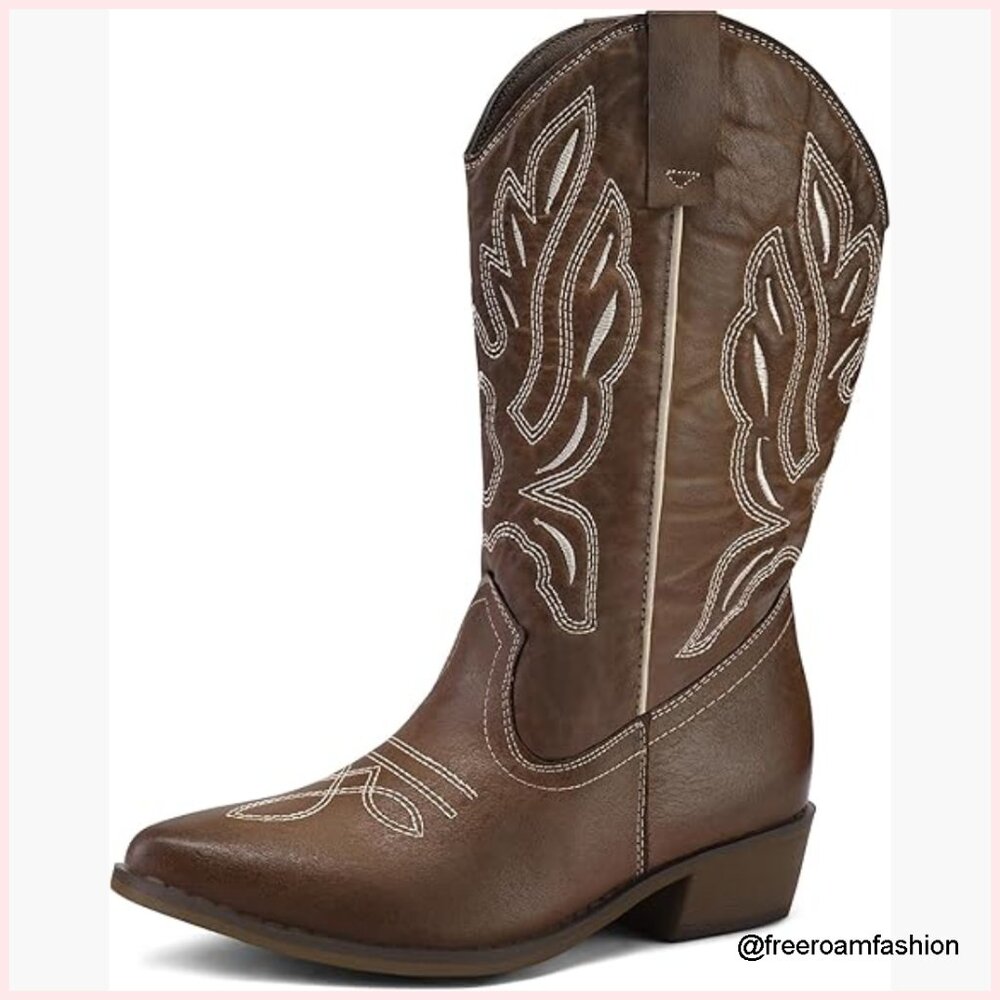 Wide Calf Cowboy Boots Pull-On Mid-Calf Embroidered Pointed Toe Western